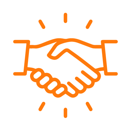 orange illustrated hands shaking to represent trust in cybersecurity between a company and a client