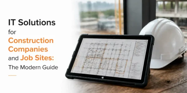 A rugged tablet and hard hat on a desk illustrating modern IT solutions for construction companies.