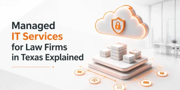 Secure digital network visualization with orange highlights representing managed IT services for law firms Texas.