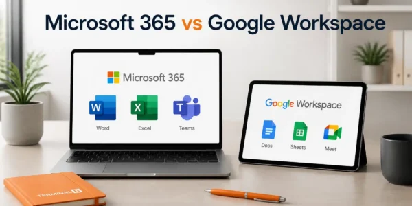 Comparison of Microsoft 365 vs Google Workspace on modern devices in a professional setting with orange highlights.