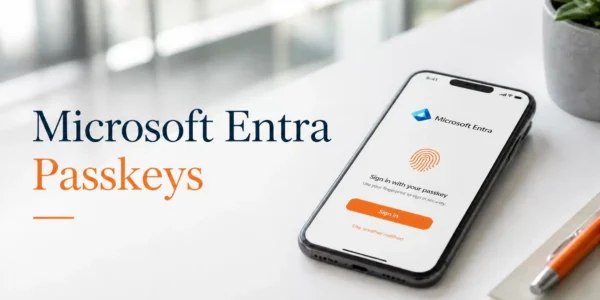 A professional biometric login screen representing Microsoft Entra passkeys for secure authentication.