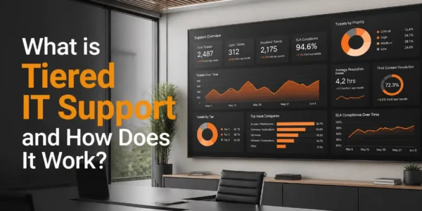 A modern office dashboard illustrating the tiered IT support model with orange brand highlights.