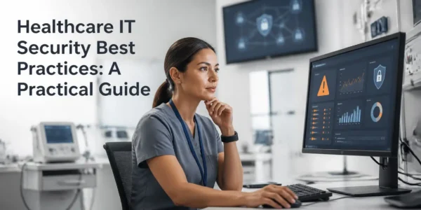 Healthcare IT security best practices dashboard with a professional reviewing ePHI protection and network security controls.
