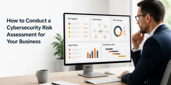 Business leader reviewing a cybersecurity risk assessment dashboard with prioritized findings and orange highlights.