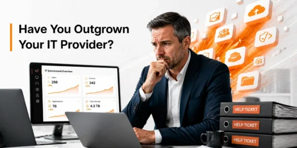Scaling IT environment dashboard showing signs you have outgrown your IT provider with orange highlights.