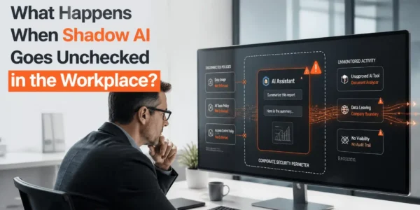 Business professional facing the security and operational risks of unchecked shadow AI in the workplace.